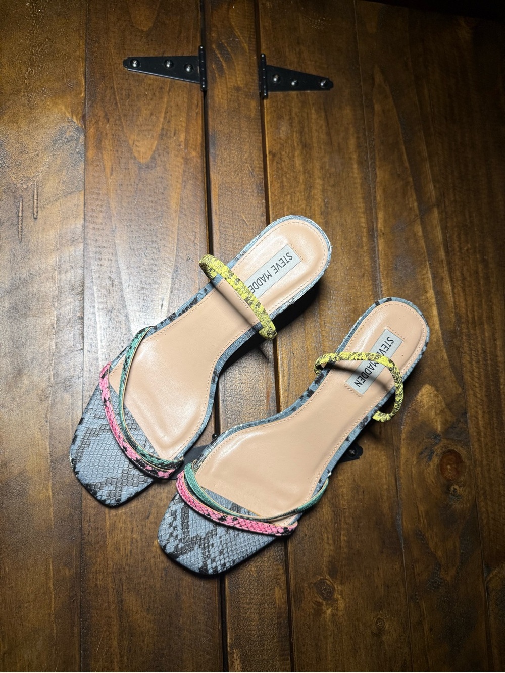 Steve Madden Multicolor Snake-Print Slide Mules with Pink, Green & Yellow Straps